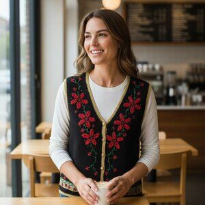 Studio Joy Medium Black Poinsettia Holiday Button Up Sweater Vest Size M